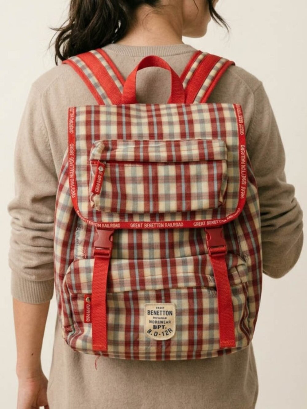 Vintage Benetton Railroad Workwear Plaid Backpack 90s